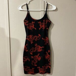 Black Dragon Print Bodycon Dress, Size Small